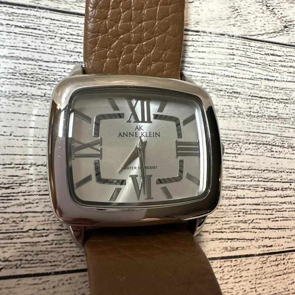 ANNE KLEIN Women's Watch Silver Case Brown Leather Band *Untested*